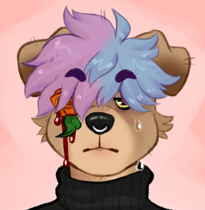 2019 anthro blood bodily_fluids bubblegumboi canid canine canis clothed clothing crying digital_media_(artwork) domestic_dog flower fully_clothed fur gvmi hair hi_res looking_at_viewer male mammal plant short_hair solo tan_fur tears toony