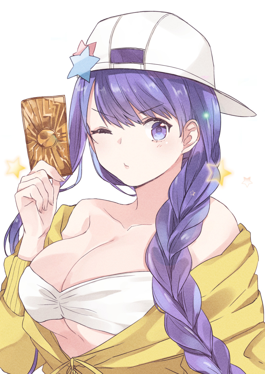 1girl asymmetrical_hair bangs bare_shoulders baseball_cap bb_(fate)_(all) bb_(swimsuit_mooncancer)_(fate) blush braid breasts chiho_(pixiv10578873) cleavage collarbone cropped_jacket fate/grand_order fate_(series) hat highres jacket large_breasts long_hair long_sleeves looking_at_viewer off_shoulder one_eye_closed open_mouth purple_eyes purple_hair simple_background single_braid smile solo star star_hat_ornament summon_ticket swept_bangs very_long_hair white_background white_bikini_top white_headwear yellow_jacket