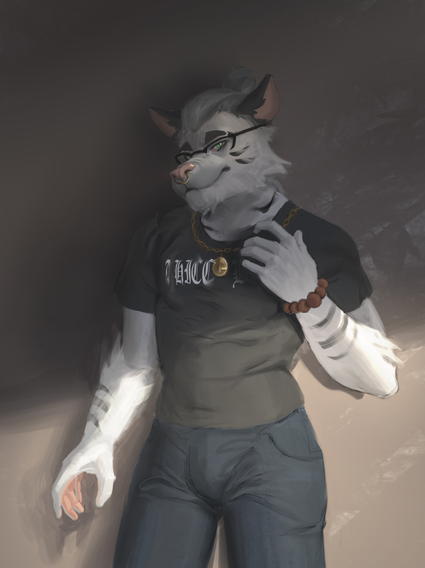 absurd_res anthro canid canine eyewear facial_piercing glasses harufeng hi_res jewelry looking_at_viewer male mammal necklace nose_piercing piercing septum_piercing simple_background solo standing