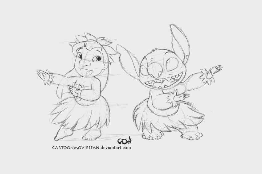 2019 3:2 4_fingers 4_toes 5_fingers 5_toes alien ambiguous_gender by-nc cartoonmoviesfan claws clothed clothing creative_commons dancing digital_drawing_(artwork) digital_media_(artwork) disney duo experiment_(lilo_and_stitch) female fingers fur grass_skirt hair head_tuft hi_res hula human lilo_and_stitch lilo_pelekai long_hair looking_at_another mammal notched_ear open_mouth open_smile simple_background sketch smile stitch_(lilo_and_stitch) toes topless tube_top tuft url white_background young