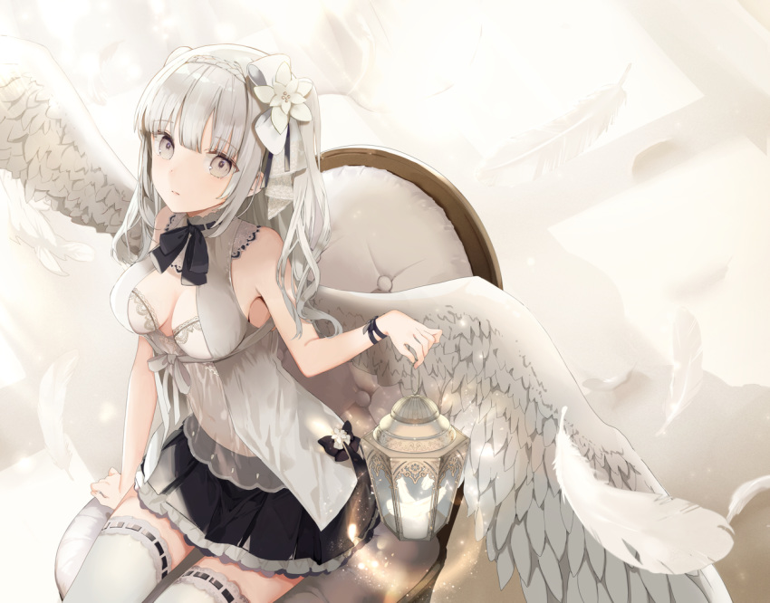 1girl angel angel_wings bangs bare_shoulders black_ribbon bow breasts chair cleavage closed_mouth collar detached_collar feathered_wings feathers flower frilled_skirt frills from_above grey_hair hair_flower hair_ornament holding lantern looking_at_viewer original pleated_skirt ribbon see-through shirt sidelocks sitting skirt sleeveless sleeveless_shirt solo thighhighs two_side_up wavy_hair white_eyes white_shirt wings wrist_ribbon yukisame zettai_ryouiki