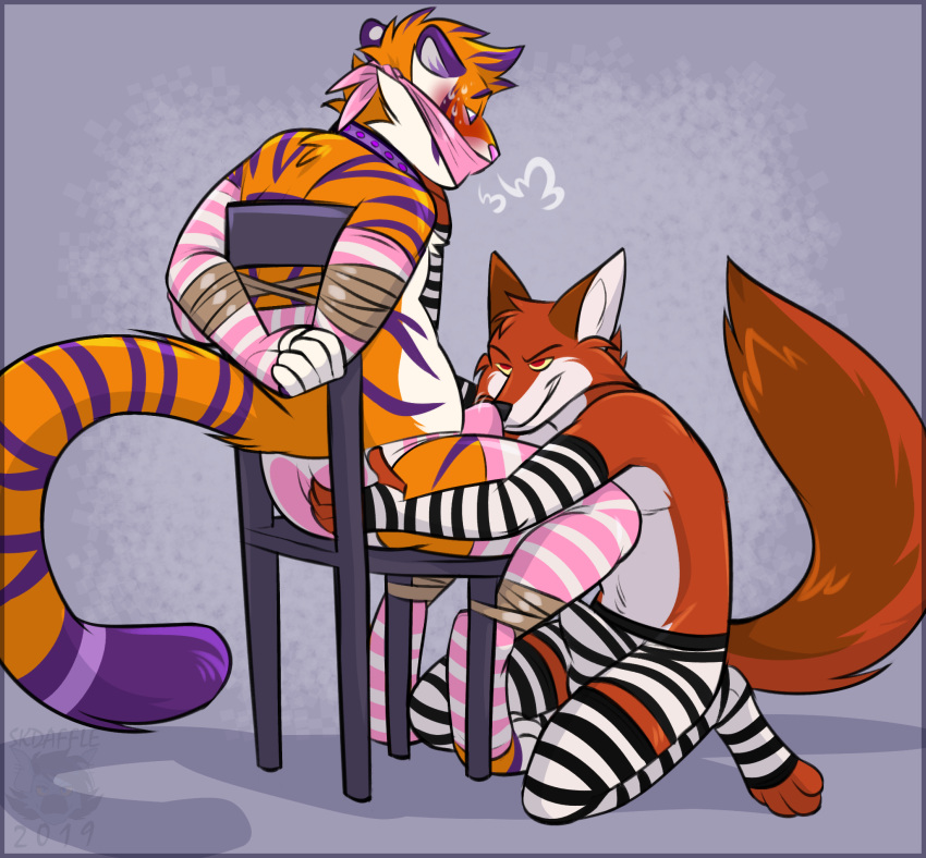 0600hours 2019 anthro anthro_on_anthro arm_warmers armwear bdsm blush bondage bound bulge canid canine chair clothing collar dhole duo erection felid gag gagged legwear male male/male mammal pantherine panties rope rope_bondage simple_background skdaffle stockings tiger underwear