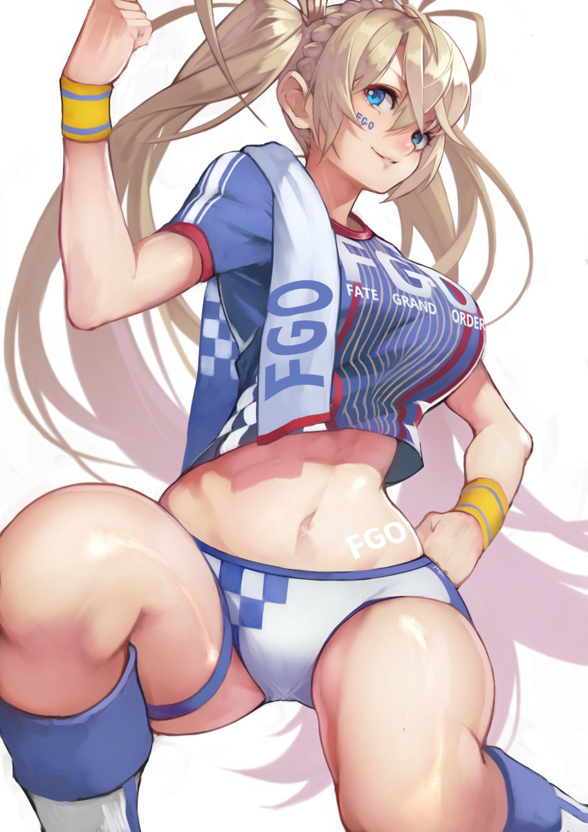 1girl 55level bangs blonde_hair blue_eyes blue_shirt blush body_writing boots bradamante_(fate/grand_order) braid breasts cleavage clenched_hand clothes_writing crop_top crown_braid facepaint fate/grand_order fate_(series) hair_between_eyes hand_on_hip hand_up heroic_spirit_chaldea_park_outfit highres knee_boots large_breasts long_hair looking_at_viewer midriff parted_lips revision shirt simple_background smile socks solo thigh_strap thighs towel_on_one_shoulder twintails very_long_hair white_background white_bikini_bottom wristband