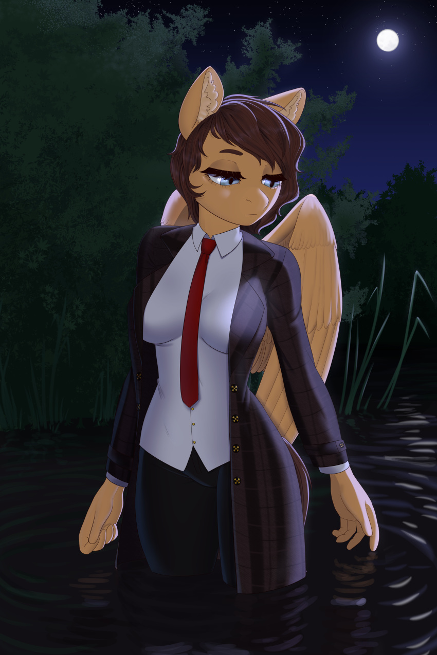 absurd_res clothing equid equine fan_character feathers female hi_res mammal moon my_little_pony mystery necktie night outside pewas pterippus shirt solo topwear trenchcoat water wings