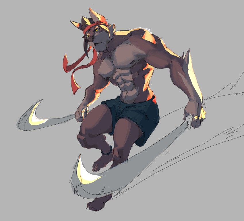 absurd_res anthro canid canine clothed clothing colored_sketch harufeng hi_res machete male mammal melee_weapon muscular muscular_male nipples pecs simple_background solo topless weapon