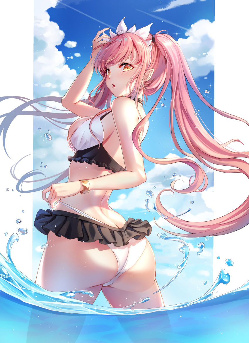 1girl absurdres ass bangs bare_shoulders bikini blue_sky blush breasts cloud day fate/grand_order fate_(series) floating_hair from_behind highres lalazyt long_hair looking_at_viewer looking_back medb_(fate)_(all) medb_(swimsuit_saber)_(fate) medium_breasts open_mouth outdoors pink_hair sky solo swimsuit tiara twintails very_long_hair wading white_bikini yellow_eyes