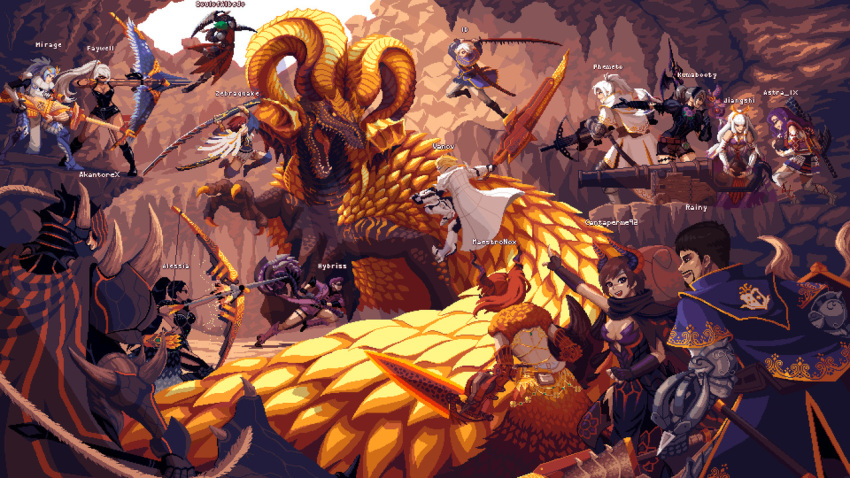 annotated armor battle bow_(weapon) bowgun commentary dark_skin dragon dragon_horns english_commentary horns huge_weapon ioruko kulve_taroth monster monster_hunter monster_hunter:_world multiple_boys multiple_girls pixel_art pointing pointing_forward ponytail scales simple_background size_difference sword weapon
