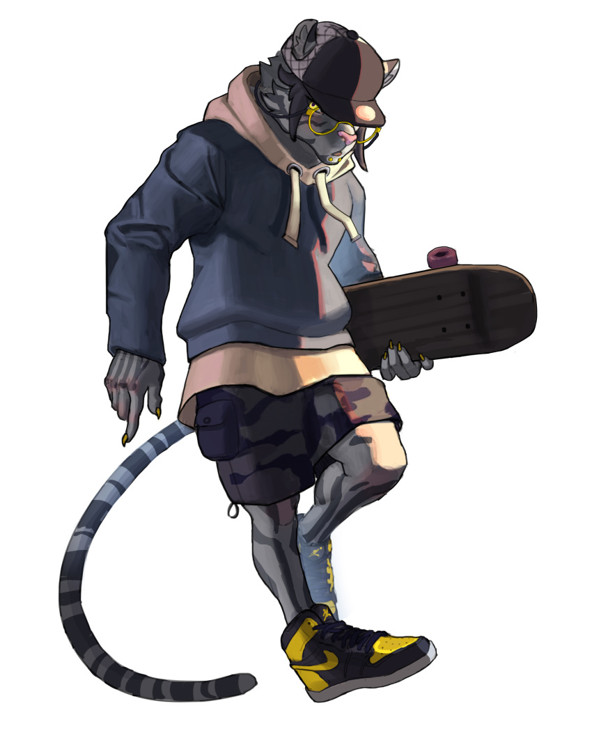 absurd_res anthro clothed clothing eyewear felid footwear glasses harufeng hat headgear headwear hi_res looking_at_viewer male mammal pantherine shoes simple_background skateboard solo tiger white_background