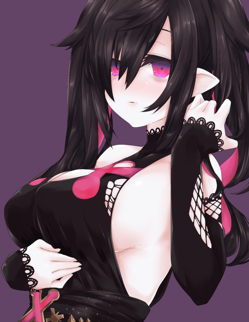 1girl arm_under_breasts bags_under_eyes bangs bare_shoulders black_dress breasts cleavage_cutout commentary detached_sleeves dress hair_over_one_eye halterneck hand_on_own_stomach hand_up highres itou_ayachi lace-trimmed_collar lace-trimmed_sleeves large_breasts looking_at_viewer nijisanji pale_skin parted_lips pink_eyes pointy_ears purple_background sideboob simple_background solo turtleneck upper_body yamiyono_moruru
