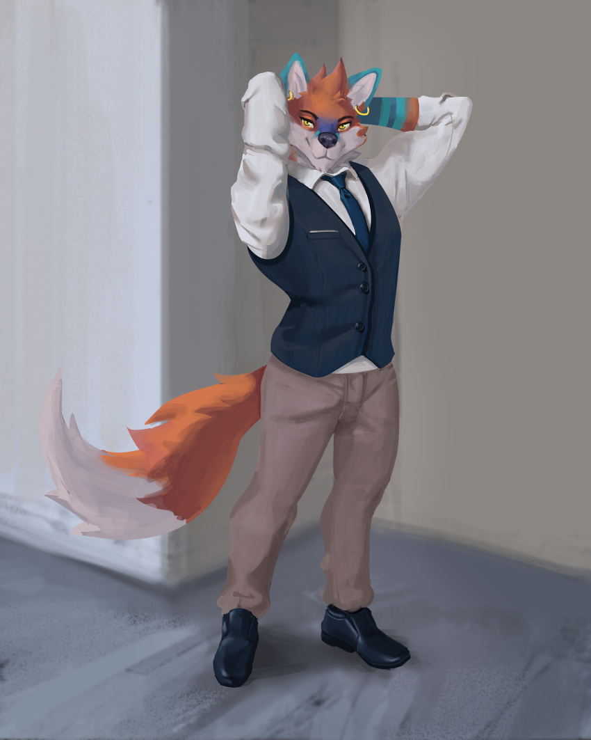 absurd_res anthro canid canine clothed clothing ear_piercing fox hands_behind_head harufeng hi_res looking_at_viewer male mammal piercing smile solo standing