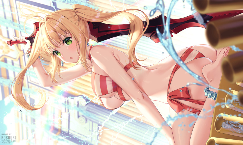 1girl aestus_estus ahoge arm_up ass bangs bare_shoulders barefoot bikini blonde_hair blush breasts commentary_request earrings eyebrows_visible_through_hair fate/grand_order fate_(series) green_eyes holding holding_sword holding_weapon indoors jewelry long_hair looking_at_viewer medium_breasts nero_claudius_(fate)_(all) nero_claudius_(swimsuit_caster)_(fate) open_mouth rosuuri scrunchie shiny shiny_hair shiny_skin simple_background sitting solo striped swimsuit sword thighs tied_hair toenail_polish toes water water_drop weapon