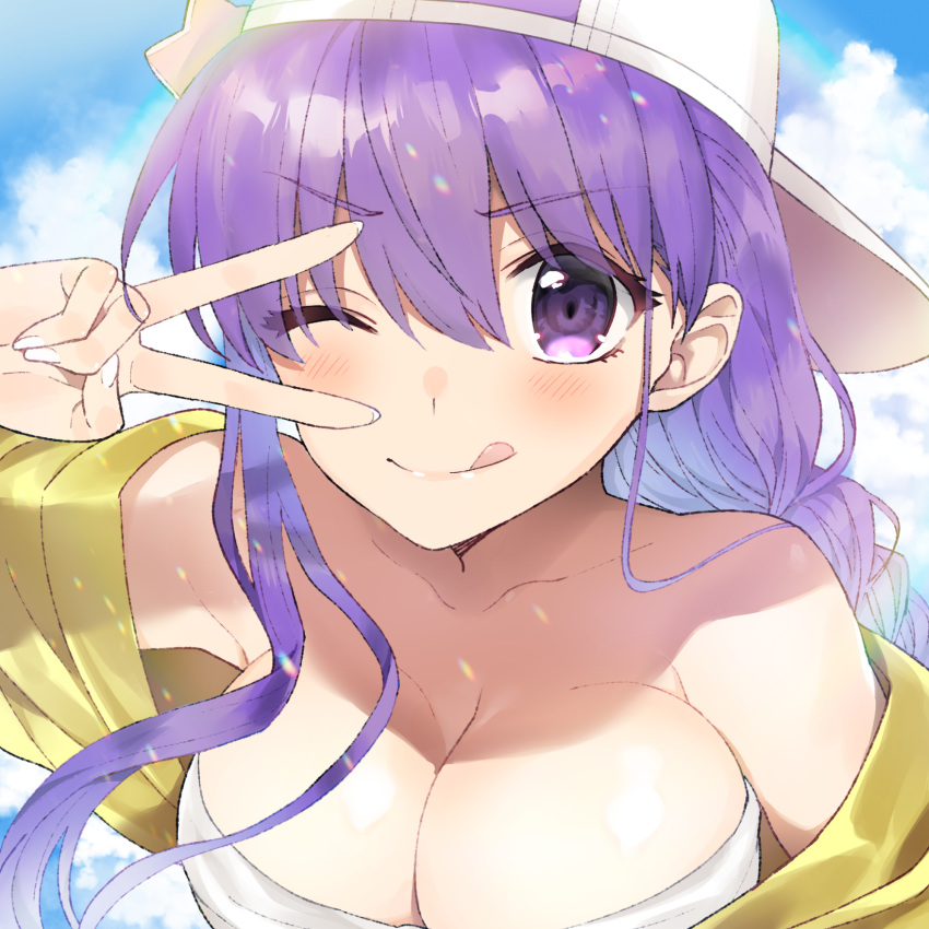 1girl asymmetrical_hair backwards_hat bangs bare_shoulders baseball_cap bb_(fate)_(all) bb_(swimsuit_mooncancer)_(fate) blue_sky blush braid breasts cleavage collarbone cropped_jacket fate/grand_order fate_(series) hand_gesture hat highres jacket large_breasts long_hair long_sleeves looking_at_viewer off_shoulder one_eye_closed purple_eyes purple_hair single_braid sky smile solo star_hat_ornament tongue tongue_out v very_long_hair white_bikini_top white_headwear xacco yellow_jacket