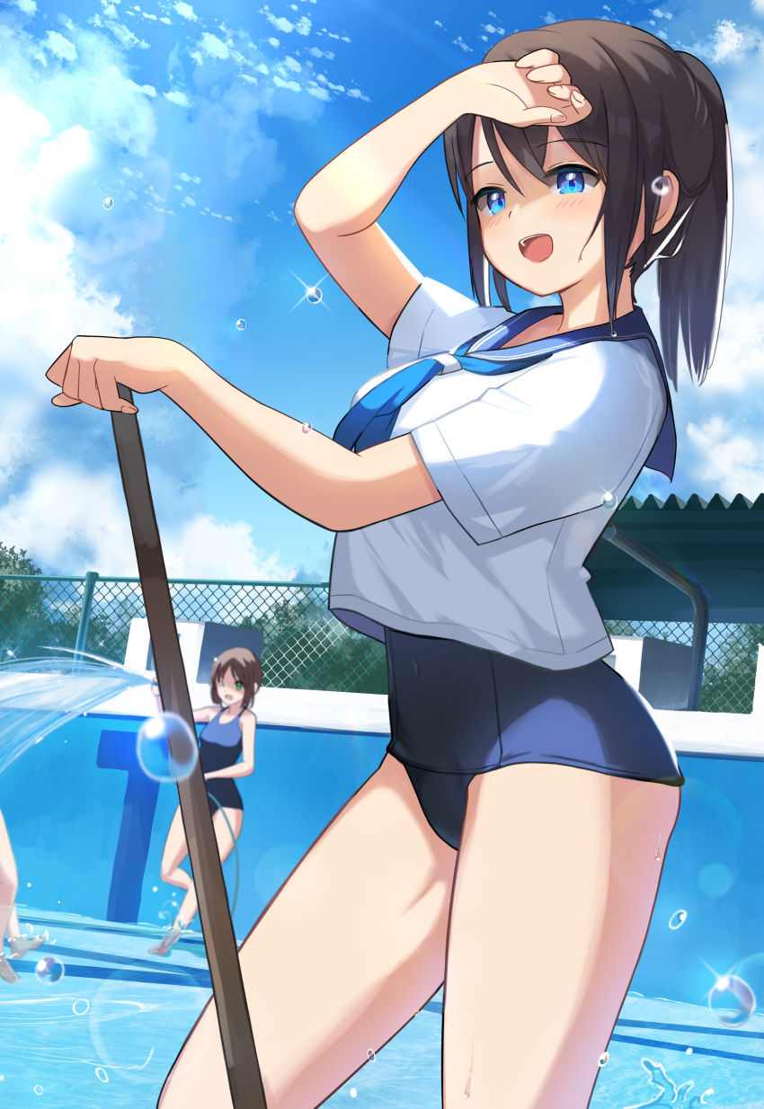 &gt;_o 2girls :d ;d absurdres arm_up bangs bare_arms bare_legs bare_shoulders barefoot blue_eyes blue_neckwear blue_sailor_collar blue_sky blue_swimsuit breasts brown_hair chain-link_fence cloud commentary_request covered_navel day eyebrows_visible_through_hair fence fingernails green_eyes hair_between_eyes highres holding holding_hose hose instant_(ioarthus) long_hair multiple_girls neckerchief old_school_swimsuit one_eye_closed open_mouth original outdoors ponytail sailor_collar school_swimsuit school_uniform serafuku shallow_water shirt short_sleeves sky small_breasts smile standing standing_on_one_leg swimsuit swimsuit_under_clothes water water_drop white_shirt