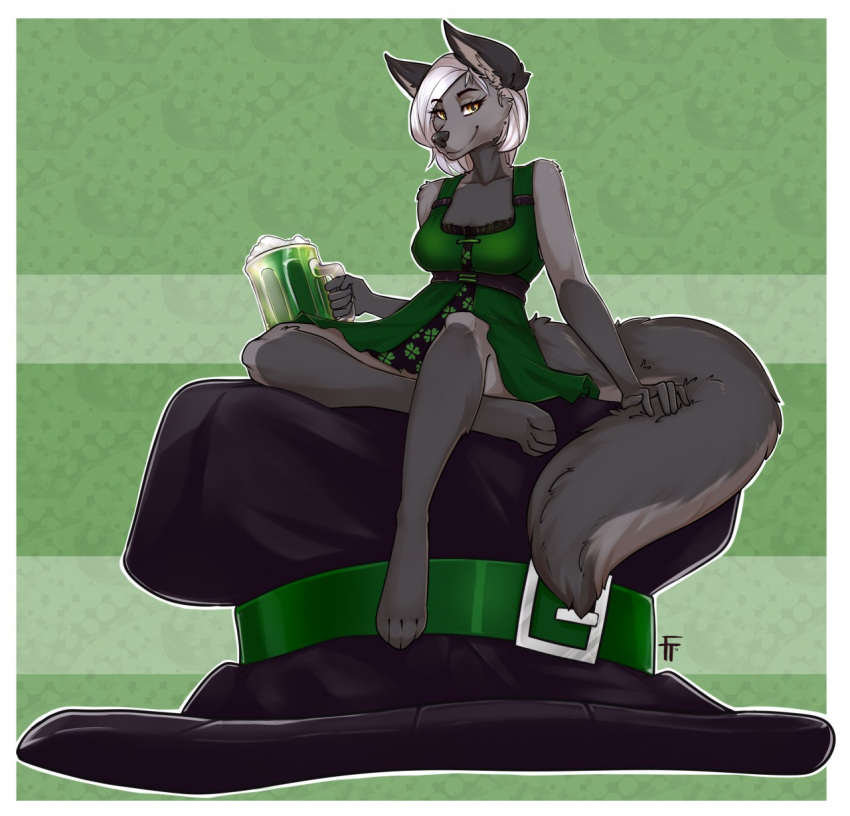 2019 4_toes 5_fingers alcohol amber_eyes anthro beer beer_mug better_version_at_source beverage canid canine canis cheek_tuft clothing collarbone dress eyebrows eyelashes female fingers firetally fur gloves_(marking) green_clothing green_dress grey_fur grey_nose hair hat headgear headwear hi_res holding_object holidays inner_ear_fluff leg_markings looking_at_viewer mammal markings rins_(elader) sitting smile socks_(marking) solo st._patrick's_day toes tuft white_hair wolf