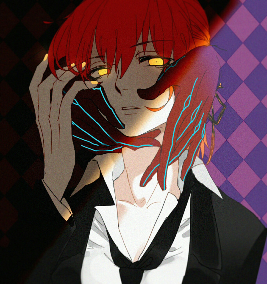 1boy 1girl aki_integra alternate_costume argyle argyle_background bangs blouse breasts caress collarbone collared_shirt eyebrows_visible_through_hair fate/grand_order fate_(series) fujimaru_ritsuka_(female) gloves glowing glowing_eyes glowing_nails hair_ornament hair_scrunchie hands_on_another's_face highres jacket lips mephistopheles_(fate/grand_order) necktie one_side_up orange_hair scrunchie serious shirt side_ponytail teeth yellow_eyes yellow_nails