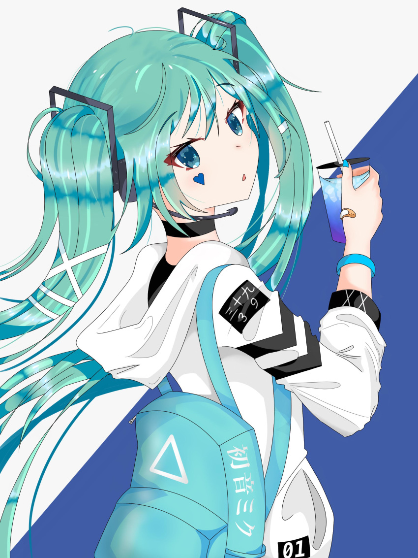 1girl absurdres aqua_eyes aqua_hair aqua_nails backpack bag bandaid_on_hand bangs black_undershirt bracelet choker drinking_straw facial_mark hair_ornament hair_ribbon hatsune_miku headset highres holding_drink hood hoodie jewelry long_hair looking_at_viewer looking_back open_mouth ribbon sugaru triangle_mouth twintails two-tone_background upper_body very_long_hair vocaloid white_hoodie