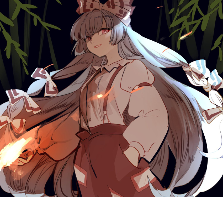 1girl arm_garter backlighting baggy_pants bamboo bangs black_background bow burning_hand buttons collared_shirt commentary_request cowboy_shot fire floating_hair fujiwara_no_mokou hair_bow hands_in_pockets highres hime_cut joniko1110 long_hair looking_down ofuda ofuda_on_clothes outstretched_arm pants red_eyes red_pants shirt sidelocks silver_hair smile solo sparks suspenders teeth touhou very_long_hair white_bow white_shirt