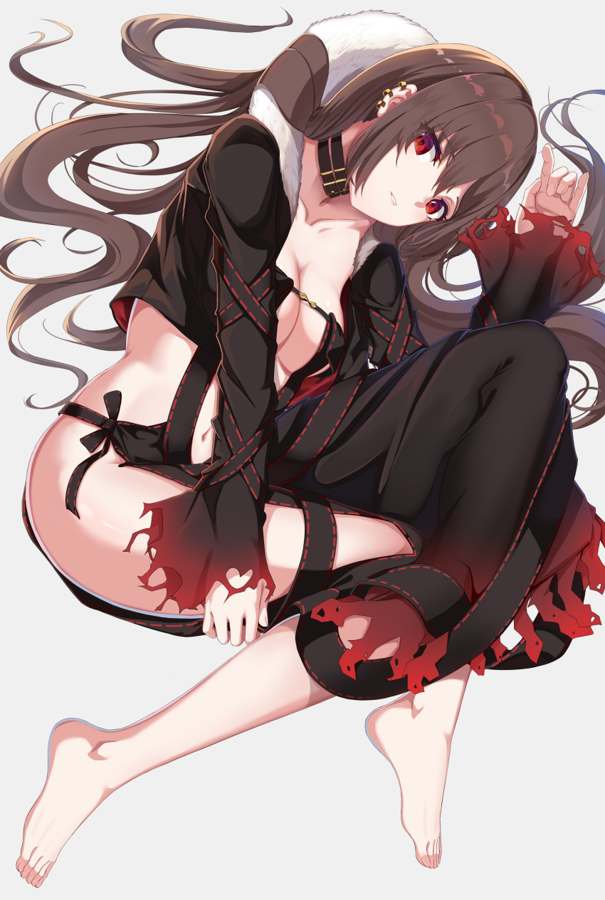 1girl absurdres barefoot black_jacket breasts brown_hair choker cleavage collarbone consort_yu_(fate) cropped_jacket ear_piercing fate/grand_order fate_(series) full_body fur_trim gatari grey_background highres jacket long_hair long_sleeves looking_at_viewer lying medium_breasts midriff navel on_side piercing red_eyes simple_background skirt solo straight_hair thighs