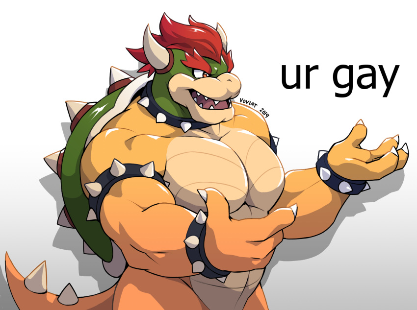 2019 anthro bowser bracelet claws digital_media_(artwork) hair horn jewelry koopa male mario_bros muscular muscular_male nintendo open_mouth pecs red_hair reptile scalie shell simple_background smile solo spiked_bracelet spikes video_games voviat