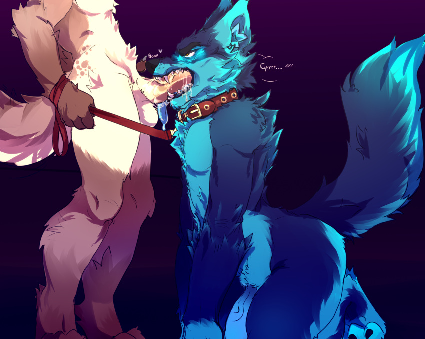 &lt;3 2019 5_fingers all_fours anthro balls blue_fur blush bodily_fluids canid canine canis claws collar digital_media_(artwork) domestic_dog duo erection fellatio fingers fur hi_res humanoid_penis kneeling leash line_art male male/male mammal mammmal nude oliver_(infoxicated) on_ground oral pastoral_dog penile penis riptide ryukoeffect saliva sex standing tan_fur teeth tongue tongue_out wolf yellow_eyes