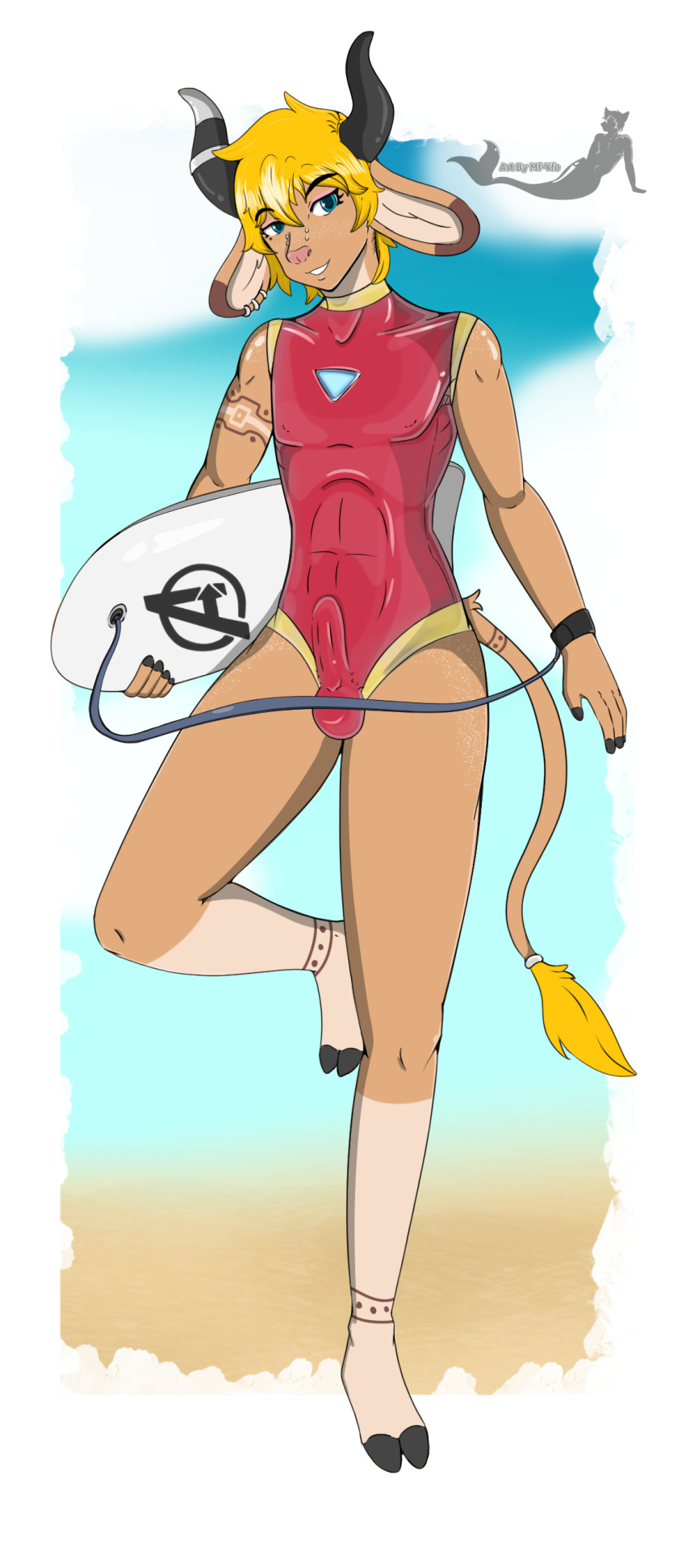 absurd_res anthro bovid bovine bulge clothed clothing crossdressing girly hi_res hooves horn male mammal one-piece_swimsuit piercing solo swimwear tattoo yourfurryotaku
