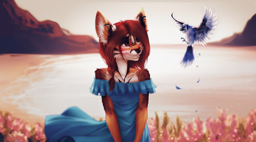 2019 alenkavoxis ambiguous_gender anthro avian beak bird black_beak blue_jay brown_eyes brown_fur canid canine clothed clothing corvid day detailed_background digital_media_(artwork) duo ear_piercing ear_ring feathered_wings feathers female feral fox fur jay_(bird) mammal new_world_jay outside piercing sky smile wings
