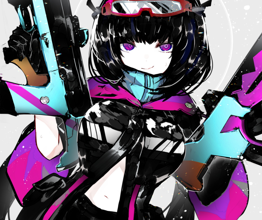 1girl assault_rifle black_hair black_jacket breasts closed_mouth commentary_request dual_wielding fate/grand_order fate_(series) gloves goggles goggles_on_head gun holding holding_gun holding_weapon jacket kusakanmuri looking_at_viewer navel osakabe-hime_(fate/grand_order) pale_skin pouch purple_eyes rifle scarf short_hair solo sweatdrop trigger_discipline upper_body weapon