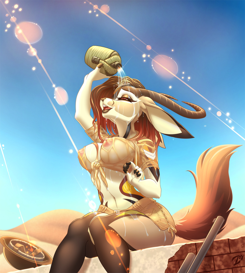 antelope bovid clothed clothing female gazelle gun hi_res horn mammal nipples outside ranged_weapon red_eyes sky water weapon wet zahra_(airheart) zoy