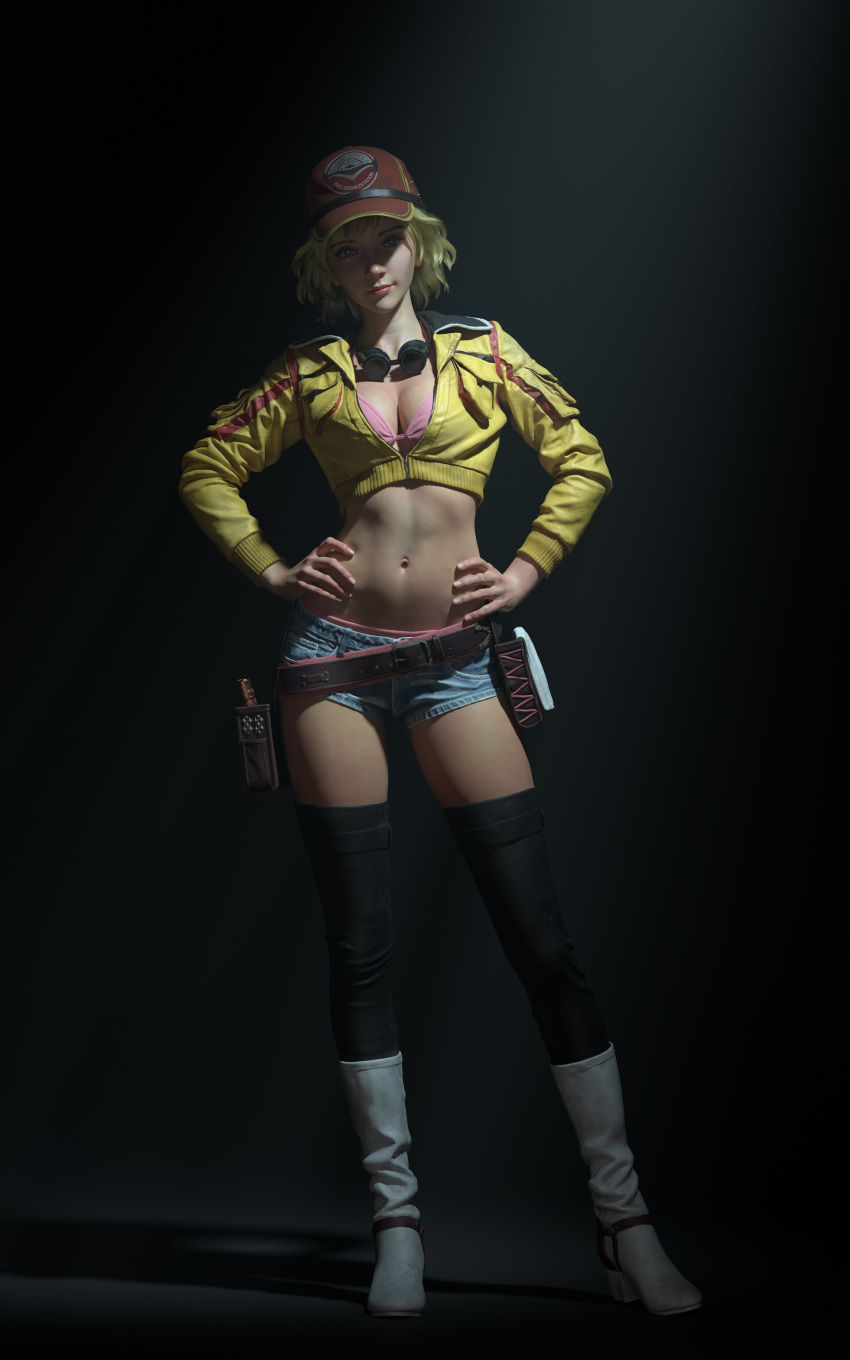 1girl 3d absurdres black_legwear blonde_hair boots bra breasts cidney_aurum cleavage cropped_jacket dark_background denim denim_shorts final_fantasy final_fantasy_xv full_body goggles goggles_around_neck hands_on_hips hat highres looking_at_viewer luo_qi_sheng midriff navel pink_bra short_hair short_shorts shorts smile solo standing thighhighs toned tool_belt underwear white_footwear
