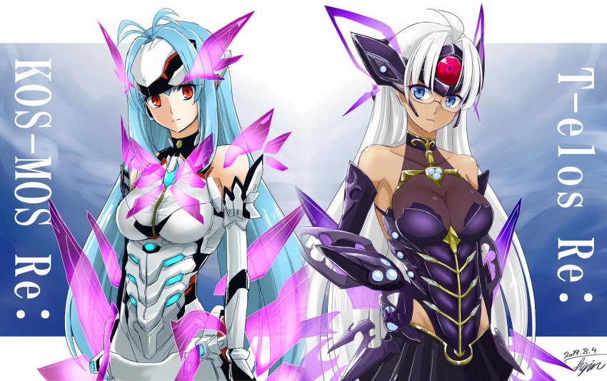 2girls android bare_shoulders blue_eyes blue_hair breasts cleavage cyborg dark_skin elbow_gloves expressionless forehead_protector glasses gloves hisin kos-mos kos-mos_re: leotard long_hair looking_at_viewer multiple_girls red_eyes silver_hair simple_background standing t-elos t-elos_re thighhighs very_long_hair white_leotard xenoblade_(series) xenoblade_2 xenosaga xenosaga_episode_iii