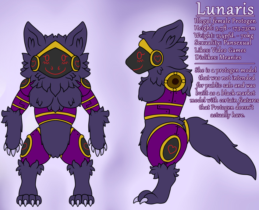 &lt;3 blush breasts claws cyber emote fan_character female flatcolor front_view fur hi_res lunaris_the_protogen machine model_sheet protogen side_view simple_background smile text thick_thighs wildwolfproduction
