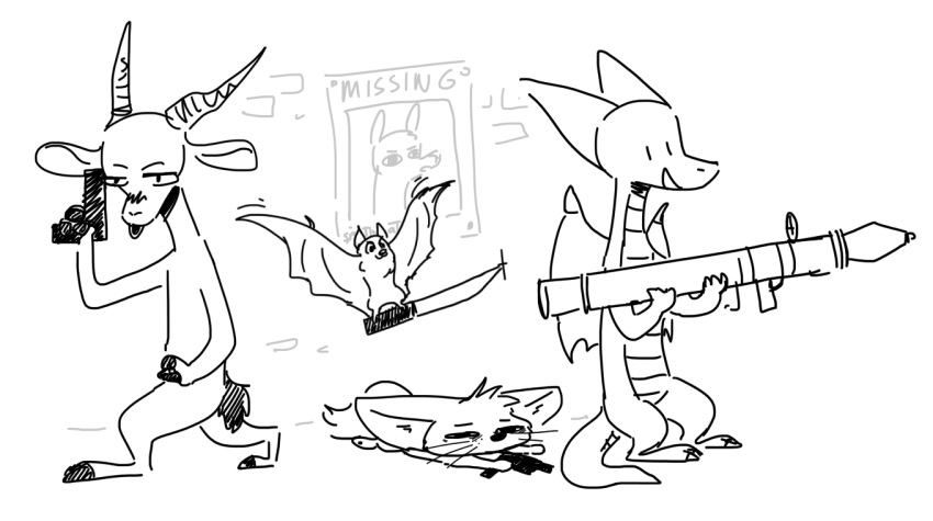 2019 ambiguous_gender antelope anthro bat_wings bovid brick_wall canid canine chiropteran danilo_(tangerine) deke_(ittybittykittytittys) dragon facial_markings fennec flying fox fuel_(artist) fuel_(character) gazelle greyscale gun handgun head_markings holding_gun holding_knife holding_object holding_weapon horn knife lying malphas_(enginetrap) mammal markings membrane_(anatomy) membranous_wings monochrome nude on_front open_mouth open_smile pistol poster pteropodid ranged_weapon rocket_launcher simple_background smile standing tongue tongue_out visiti_(character) weapon whiskers white_background wings