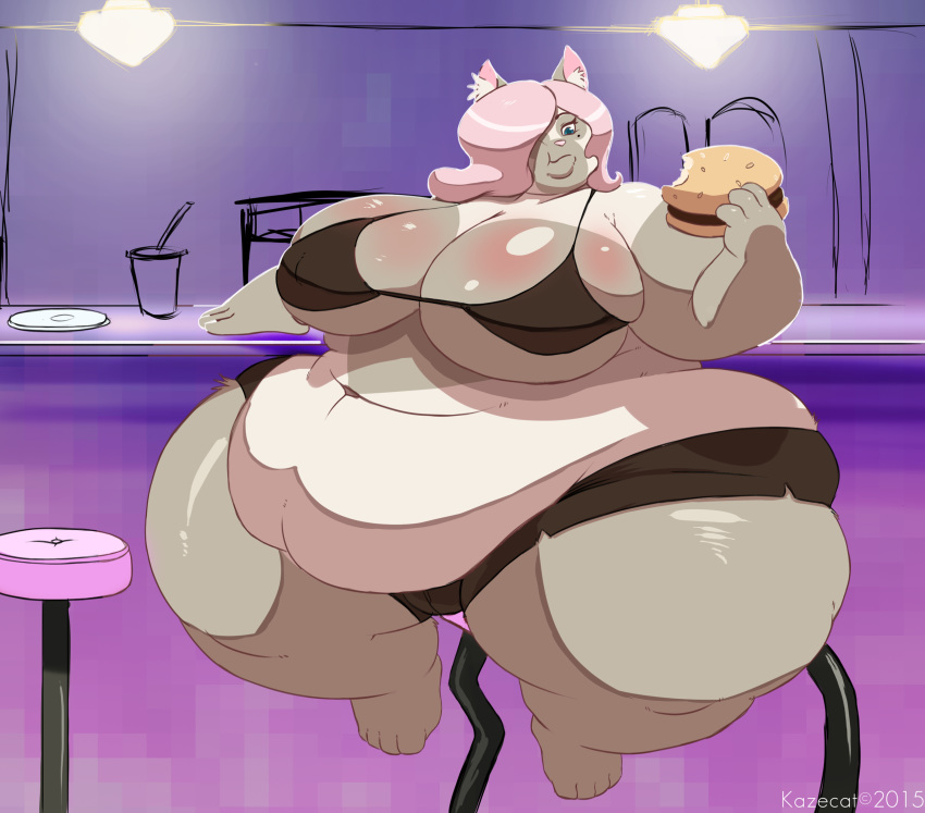 anthro burger diner domestic_cat felid feline felis female food hi_res kazecat mammal morbidly_obese obese obese_female overweight overweight_female solo