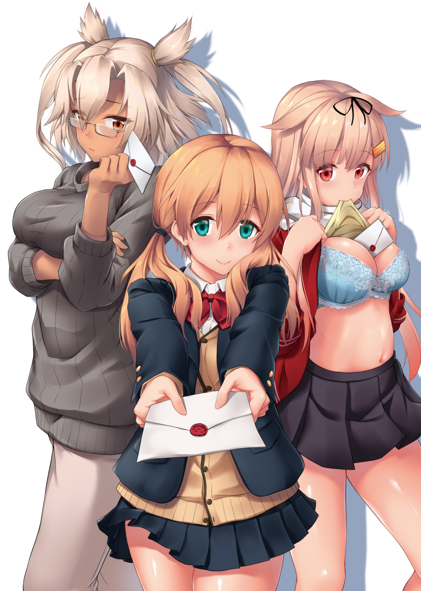 3girls absurdres alternate_costume aqua_eyes awa_yume between_breasts black_ribbon black_skirt blonde_hair blue_bra blue_jacket blue_skirt bra breasts commentary_request dark_skin glasses grey_hair grey_sweater hair_flaps hair_ornament hair_ribbon hairclip highres holding_letter jacket kantai_collection large_breasts letter lifted_by_self long_hair long_sleeves looking_at_viewer low_twintails miniskirt mouth_hold multiple_girls musashi_(kantai_collection) pleated_skirt pointy_hair prinz_eugen_(kantai_collection) red_eyes red_jacket remodel_(kantai_collection) ribbon semi-rimless_eyewear shirt_lift short_hair_with_long_locks skirt smile standing sweater twintails two_side_up under-rim_eyewear underwear white_background yuudachi_(kantai_collection)