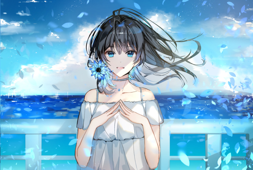 aqua_eyes black_hair choker clouds dress flowers long_hair naru_(ul) original petals polychromatic sky summer_dress waifu2x water