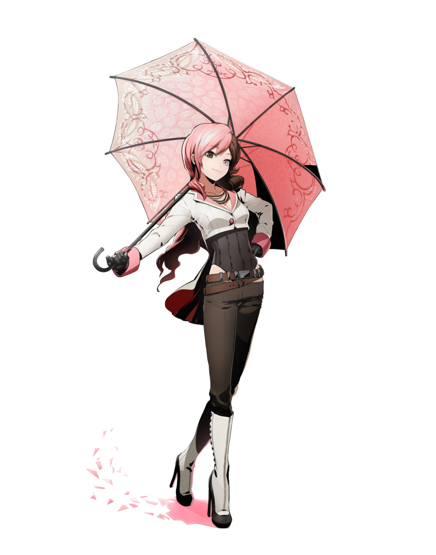 1girl absurdres bead_necklace beads belt blazblue:_cross_tag_battle boots breasts brown_eyes brown_hair cleavage corset crossover gloves heterochromia high_heel_boots high_heels highres jewelry multicolored_hair necklace neo_(rwby) official_art parasol pink_eyes pink_hair rwby smile smug solo umbrella white_background