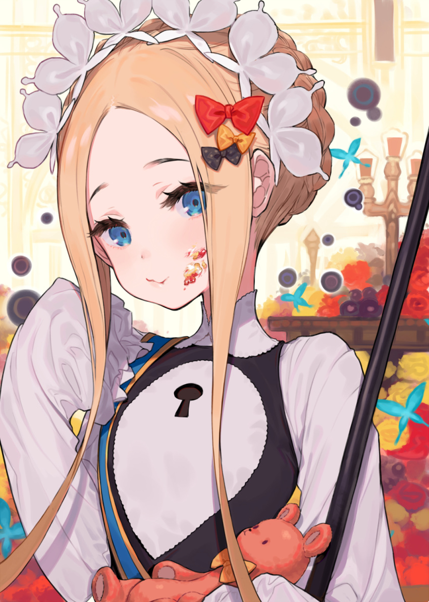 1girl abigail_williams_(fate/grand_order) bangs black_bow blonde_hair blue_eyes blush bow braid breasts bug butterfly closed_mouth commentary_request dress eating fate/grand_order fate_(series) food food_on_face forehead french_braid hair_bow heroic_spirit_chaldea_park_outfit highres holding holding_stuffed_animal insect keyhole long_hair long_sleeves looking_at_viewer maid_headdress mop orange_bow parted_bangs polka_dot polka_dot_bow sash sleeves_past_fingers sleeves_past_wrists small_breasts solo stuffed_animal stuffed_toy teddy_bear white_dress yellow_bow yuu_(higashi_no_penguin)