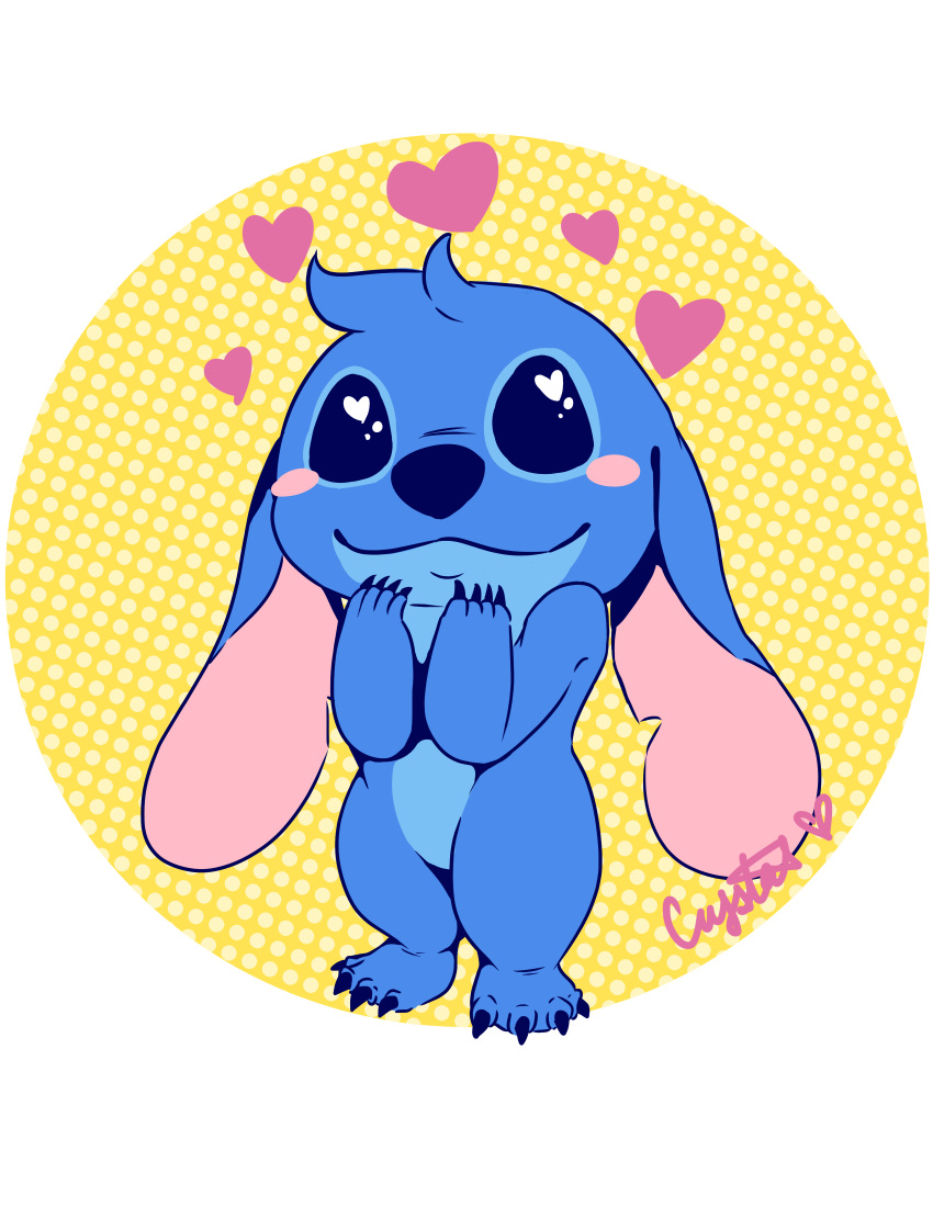 &lt;3 &lt;3_eyes 2019 4_fingers 4_toes absurd_res alien alpha_channel blue_claws blue_eyes blue_fur blue_nose blush claws digital_drawing_(artwork) digital_media_(artwork) disney dotted_background ears_down experiment_(lilo_and_stitch) fingers flat_colors fur head_tuft hi_res kuribelle lilo_and_stitch looking_at_viewer pattern_background pivoted_ears signature simple_background smile solo standing stitch_(lilo_and_stitch) toes yellow_background