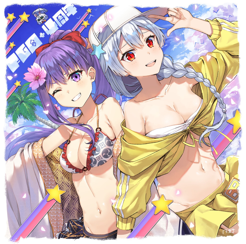 2girls :d \m/ alternate_hairstyle baseball_cap bb_(fate)_(all) bb_(swimsuit_mooncancer)_(fate) bb_(swimsuit_mooncancer)_(fate)_(cosplay) bikini braid breasts chibi chibi_inset cleavage collarbone commentary_request cosplay costume_switch fate/grand_order fate_(series) flower fou_(fate/grand_order) grin hair_flower hair_ornament hair_over_shoulder hat highres jacket large_breasts long_hair midriff mitsudomoe_(shape) multiple_girls navel one_eye_closed open_mouth pink_flower ponytail red_eyes sideways_hat silver_hair single_braid single_sidelock skirt slit_pupils smile star star_hat_ornament strapless strapless_bikini swimsuit tomoe_(symbol) tomoe_gozen_(fate/grand_order) tsukino_(nakajimaseiki) white_bikini yellow_jacket yellow_skirt