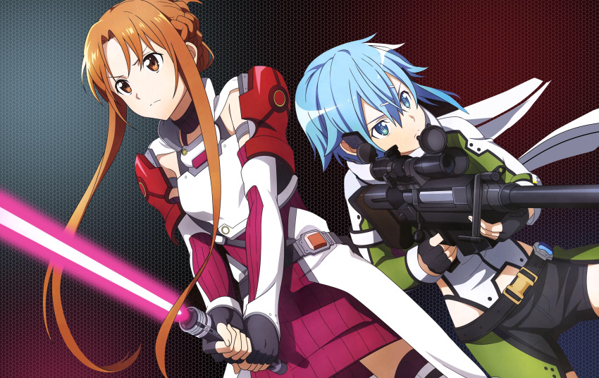 aqua_inc. armor asuna_(sword_art_online) gun photoshop shino_asada sinon sword sword_art_online sword_art_online_alicization thighhighs