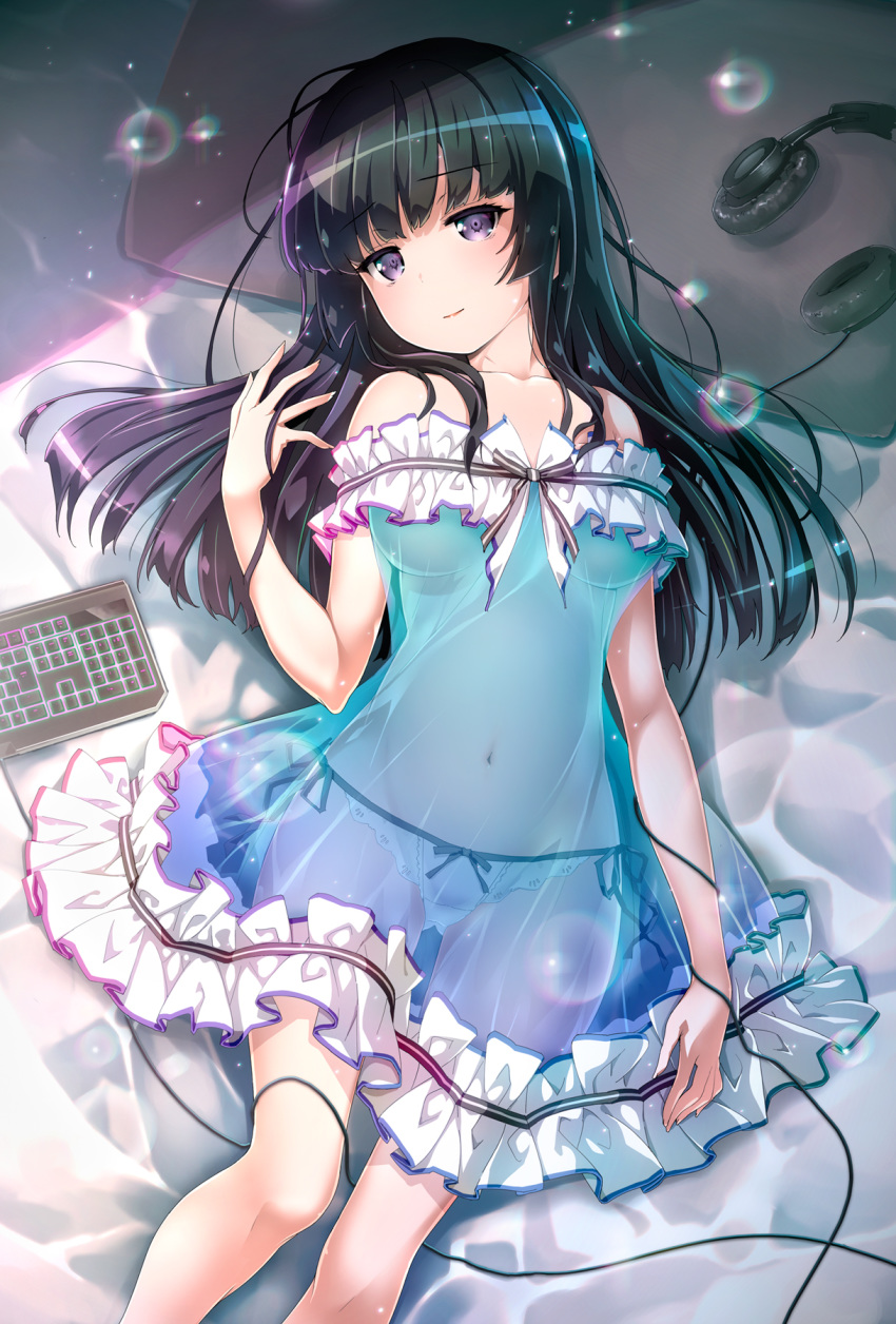 1girl akata_itsuki bang_dream! bare_shoulders black_hair blush bow bow_panties breasts cable closed_mouth collarbone commentary_request dress eyebrows_visible_through_hair frilled_dress frills from_above groin headphones highres keyboard_(computer) lens_flare long_hair looking_at_viewer lying medium_breasts navel on_back panties purple_eyes see-through shirokane_rinko smile solo sparkle strapless strapless_dress underwear white_panties