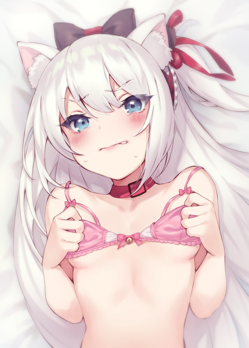 1girl animal_ear_fluff animal_ears azur_lane bangs bed_sheet bell blue_eyes blush bow bra bra_pull breasts cat_ears collar commentary_request embarrassed eyebrows_visible_through_hair grimace hair_between_eyes hair_bow hair_ribbon hammann_(azur_lane) highres long_hair looking_at_viewer lying on_back one_side_up pink_bra pokachu pulled_by_self red_collar red_ribbon ribbon ribbon_bra small_breasts solo sweat underwear white_hair