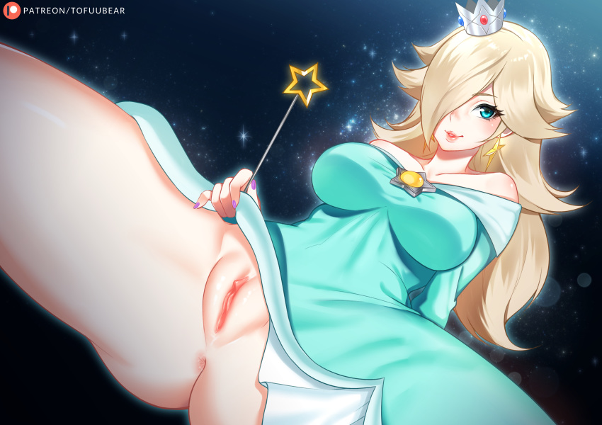 anus aqua_eyes blonde_hair breasts crown dress logo long_hair nopan pussy rosalina skirt_lift spread_legs super_mario tofuubear uncensored watermark