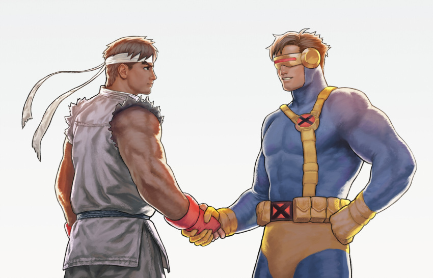 2boys belt black_belt blue_bodysuit bodysuit brown_eyes brown_hair cowboy_shot crossover cyclops_(x-men) dougi eye_contact fingerless_gloves gloves hand_on_hip handshake headband highres looking_at_another marvel mask multiple_boys muscle ryuu_(street_fighter) short_hair simple_background standing street_fighter street_fighter_zero_(series) superhero visor white_background white_headband x-men x-men_vs._street_fighter yellow_gloves zenkiro