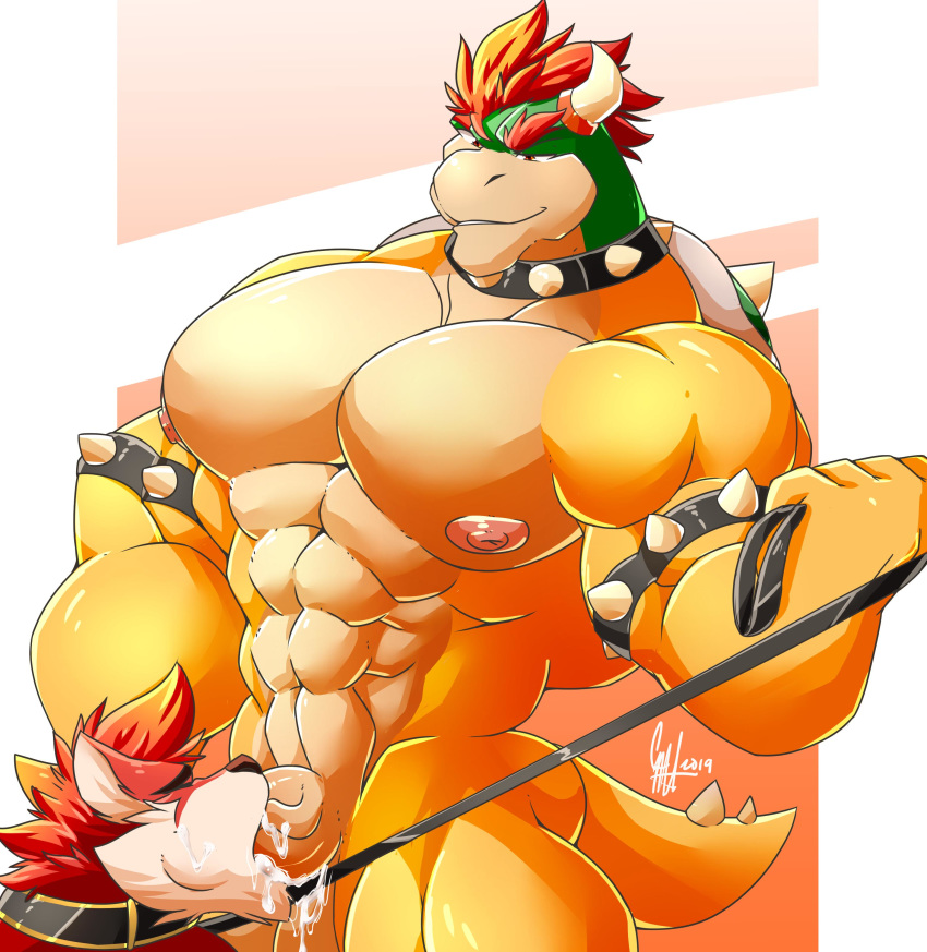 absurd_res anthro balls bodily_fluids bowser canid canine canis collar cum cum_in_mouth cum_inside daikitei domination duo erection fellatio genital_fluids hi_res humanoid_penis koopa leash male male/male mammal mario_bros muscular muscular_male nintendo oral pecs penile penis reptile scalie sex smile spiked_collar spikes turtle vein video_games wolf