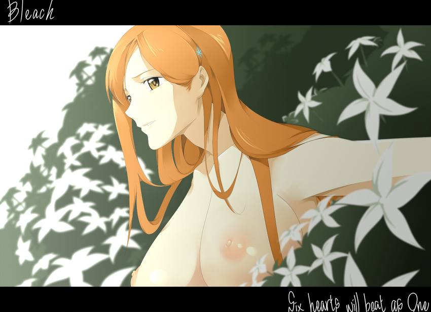 bad_id bad_pixiv_id bleach breasts brown_eyes flower inoue_orihime large_breasts long_hair nanao_(mahaya) orange_hair solo topless