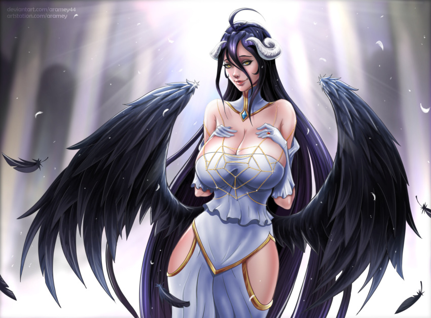 1girl albedo aramey bare_shoulders black_feathers black_hair black_wings breasts cleavage demon_girl demon_horns detached_collar deviantart_username dress feathered_wings gloves hair_between_eyes hand_on_breasts highres horns indoors jewelry large_breasts long_hair looking_at_viewer overlord_(maruyama) ring simple_background smile solo standing very_long_hair watermark web_address white_dress white_gloves wings yellow_eyes