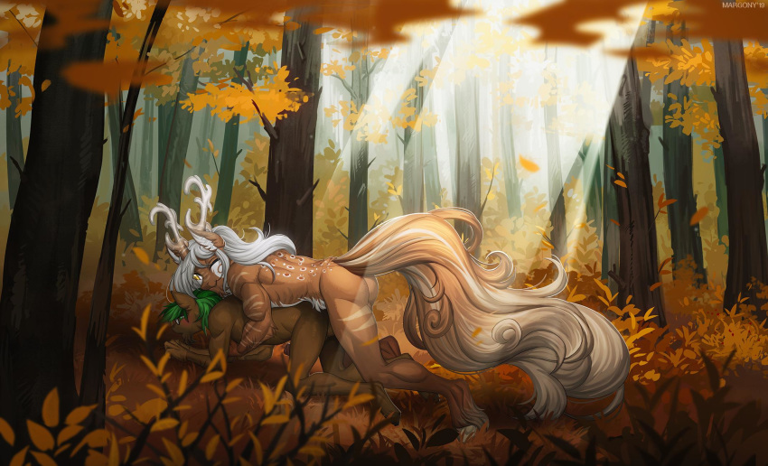 2019 5_fingers all_fours anal anal_penetration anthro anthro_on_anthro anthro_penetrated anthro_penetrating anthro_penetrating_anthro antlers autumn balls biped brown_fur day detailed_background digital_media_(artwork) doggystyle duo equid equine eyewear falling_leaves fingers forest from_behind_position fur fur_markings glasses grass green_hair hair hi_res hooves horn leaf long_hair male male/male male_penetrated male_penetrating mammal margony markings multicolored_fur nude on_ground outside penetration sex sky spots tree white_fur white_hair yellow_eyes