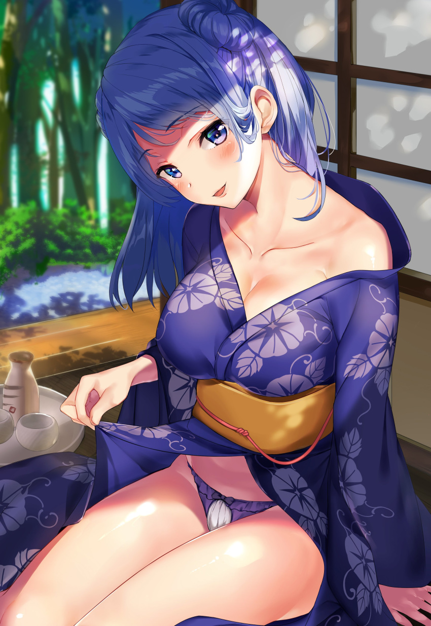 1girl absurdres alternate_costume arm_support back bangs bare_shoulders blue_eyes blue_hair blue_kimono blush bow bow_panties breasts cleavage closed_mouth clothes_lift collarbone cowboy_shot day double_bun eyebrows_visible_through_hair fireworks head_tilt highres indoors japanese_clothes kantai_collection kimono kimono_lift large_breasts long_hair looking_at_viewer mask mask_on_head monoto obi off_shoulder panties purple_panties sash shiny shiny_skin shoulder_blades sidelocks sitting smile solo thighs underwear undressing untying urakaze_(kantai_collection)