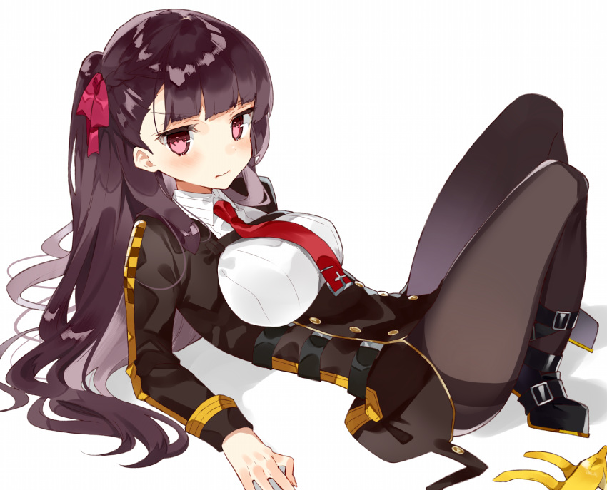 1girl banana_peel black_jacket braid breasts brown_legwear closed_mouth commentary_request framed_breasts french_braid frown girls_frontline hair_ribbon hasegawa_(rarairairai) highres jacket knees_up large_breasts long_hair long_sleeves looking_at_viewer military military_uniform necktie one_side_up pantyhose purple_hair reclining red_eyes red_ribbon ribbon shadow shirt shoes simple_background solo thighband_pantyhose uniform wa2000_(girls_frontline) wavy_mouth white_background white_shirt wing_collar